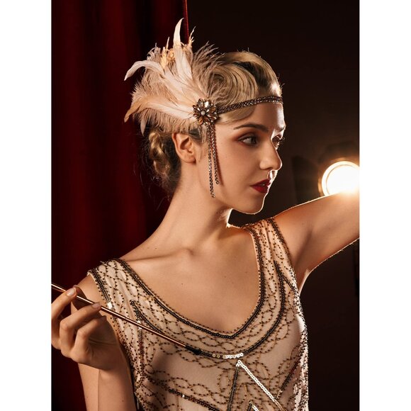 1920s Flapper Headband Rhinestone Pearl Feather Gatsby Party Accessory - Picture 3 of 7
